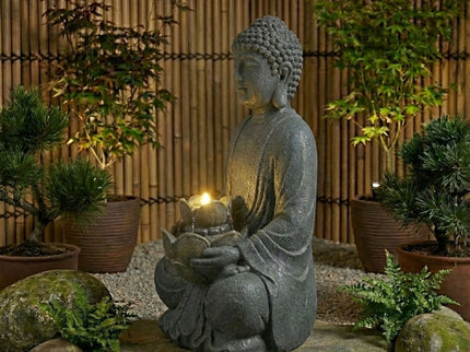 Zen - 2 Tier Meditating Buddha Water Fountain With Pump & LED Light - Gray