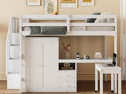 Loft Bed With Stairs, Bookshelf, Drawers, Desk & Wardrobe, Space Saving Multifunctional Furniture