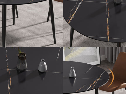 Modern Artificial Stone Round Dining Table With Metal Legs, Can Accommodate 6 People - Black