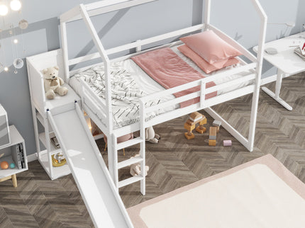 House Loft Bed With Slide, Storage Shelves And Light, Climbing Ramp