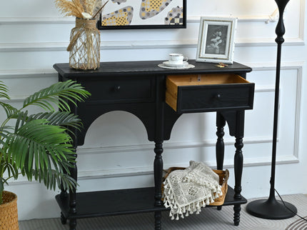 Accent Carved Console Table With Open Shelf And 2 Drawers For Living Room - Black