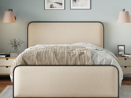Modern Bed With Curved Upholstered Headboard And Footboard, Heavy Duty Metal Slats