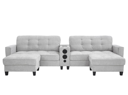 Modern Sectional Sofa U-Shaped With Movable Ottomans, tooth Speakers, LED Lights And Modular Storage