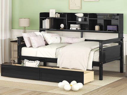 Daybed, Slat Support, With Bedside Shelves And 2 Drawers