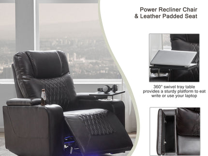 Power Motion Recliner With USB Charging Port And Hidden Arm Storage 2 Convenient Cup Holders Design And 360 Degree Swivel Tray Table