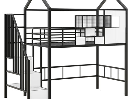 Metal Loft Bed With Roof Design And Storage Box With Guardrails And Integrated Ladder