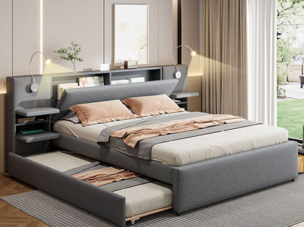 Upholstered Platform Bed With Reading Lights, Drawers, Trundle And Shelves