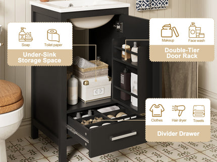 Bathroom Vanity With Ceramic Sink, Soft Close Drawers, Door Organizer, Divider Drawer, Adjustable Foot Pads
