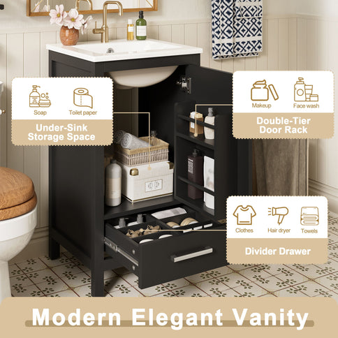 Bathroom Vanity With Ceramic Sink, Soft Close Drawers, Door Organizer, Divider Drawer, Adjustable Foot Pads