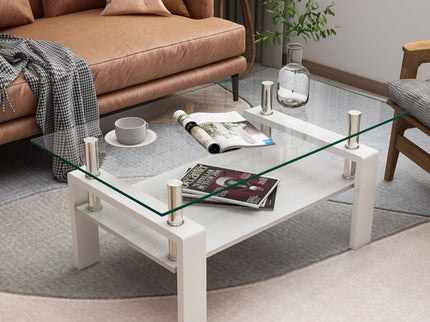 Modern Rectangular Coffee Table With Tempered Transparent Glass Top And Storage Shelf