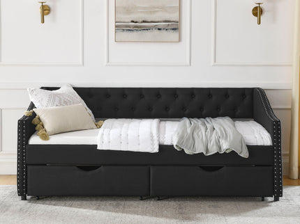 Upholstered Tufted Daybed With 2 Drawers, Waved Arms