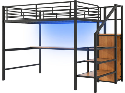 Loft Bed With Desk, Storage Staircase, Small Wardrobe And LED Light