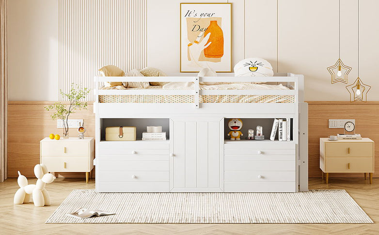 Loft Bed With 4 Drawers, Underneath Cabinet And Shelves