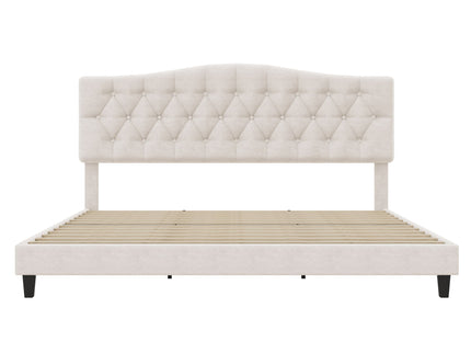 King Upholstered Platform Bed With Curved Adjustable Headboard And Diamond Tufted Details, No Box Spring Needed - Beige