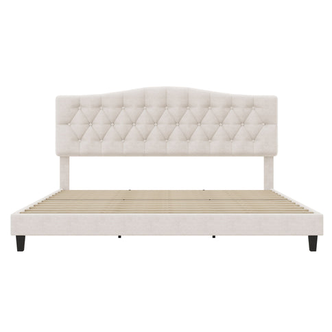 King Upholstered Platform Bed With Curved Adjustable Headboard And Diamond Tufted Details, No Box Spring Needed - Beige