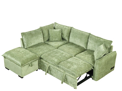 Convertible Sofa Bed Sectional Sofa Sleeper L-Shaped Sofa With A Storage Ottoman, Two Pillows, Two Power Sockets And Two USB Ports For Living Room