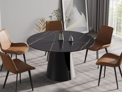 Modern Artificial Stone Round Carbon Steel Base Dining Table, Can Accommodate 6 People - Black