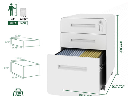 3-Drawer Mobile File Cabinet With Lock, On Casters, Holds A4/Letter Files