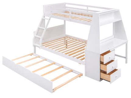 Bunk Bed With Trundle And Built In Desk, 3 Storage Drawers And Shelf