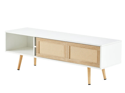 55.12" Rattan TV Cabinet, Double Sliding Doors For Storage, Adjustable Shelf, Solid Wood Legs, TV Console For Living Room