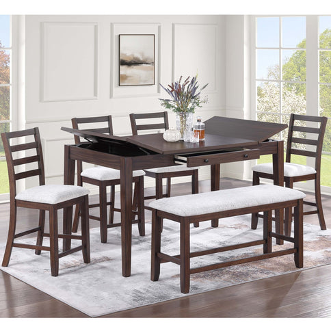 6 Piece Counter Height Dining Set Table With Storage Ladder Back Chairs And Bench - Walnut