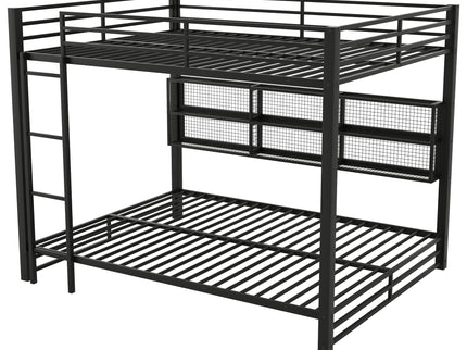 Queen Over Queen Bunk Bed With Storage Cabinets And LED Sturdy Frame, 6 Storage Units, Adjustable LED Lights - Black