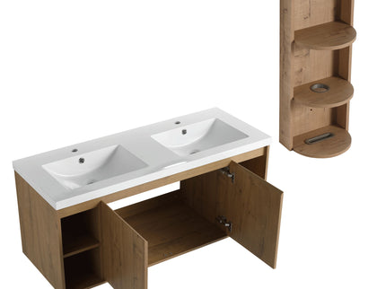 Modern 48" Wall Mounted Bathroom Vanity With Double Resin Sink And Storage Rack Soft Close Doors - Imitative Oak
