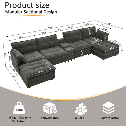 Oversized Modular Sectional Sofa With Multi Functional Console