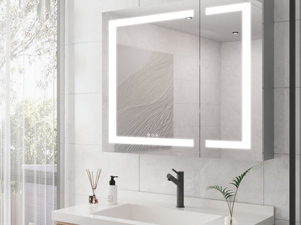 36" X 30" Medicine Cabinet With LED Vanity Mirror, Anti-Fog Recessed Or Surface Mount Bathroom Double Door Large Storage 3000K~6000K Bright Lighted Aluminum Storage Cabinet With Touch Switch - Silver