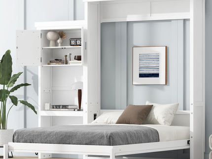 Queen Size Murphy Bed With Louvered Design And Multiple Storage Shelves - White