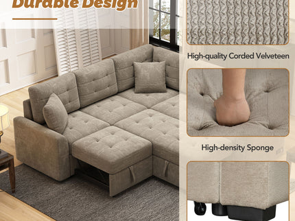 L-Shape Sofa Bed Pull-Out Sleeper Sofa With Wheels, USB Ports, Power Sockets For Living Room