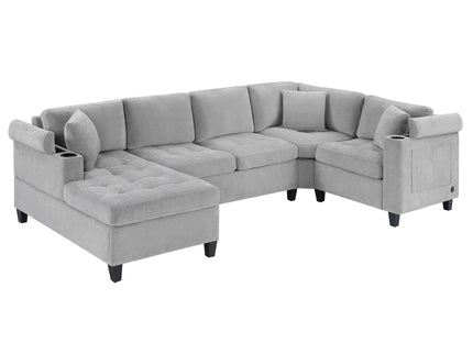 U Shaped Sectional Sofa, Corner Living Room Couch With Built In Cup Holders, Storage, USB Ports
