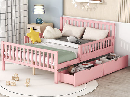 Platform Bed With Guardrails On Both Sides And 2 Storage Drawers