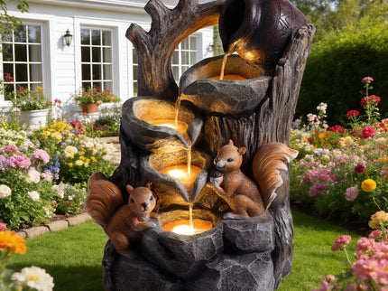 Outdoor Squirrel, Tiered Waterfall Fountain With LED Light For Patio - Gray