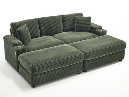 Convertible Sectional Sofa Bed Set With Armrest Storage, Cup Holder, USB, 4 Seater - Green