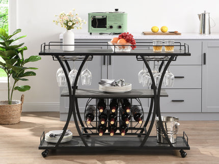 Industrial Bar Cart Kitchen Bar & Serving Cart For Home With Wheels 3 Tier Storage Shelves - Black / Gray