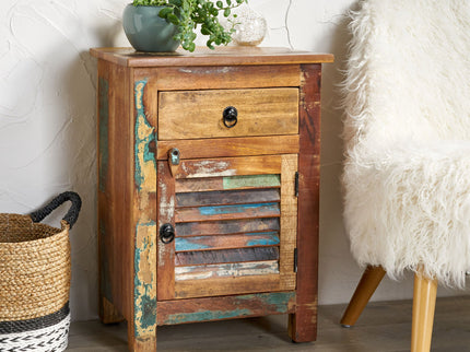 Recycled Wood Side Table With Drawer And Door - Natural