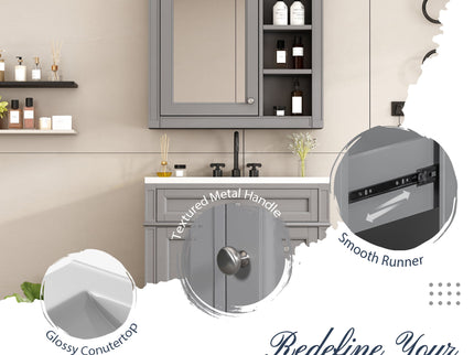 Bathroom Vanity With Top Sink, Freestanding Storage Cabinet With 2 Doors And 3 Drawers, Mirror Cabinet Included - Gray
