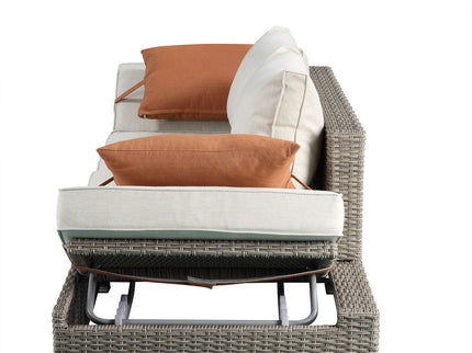 Salena - All Weather Wicker Patio Sofa & Ottoman With 2 Toss Pillows - Beige / Gray