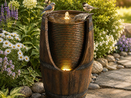 Rustic Barrel Water Fountain With LED Light