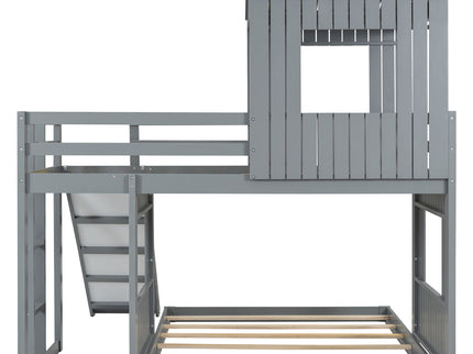 Loft Bunk Bed With Playhouse, Farmhouse, Ladder, Slide And Guardrails