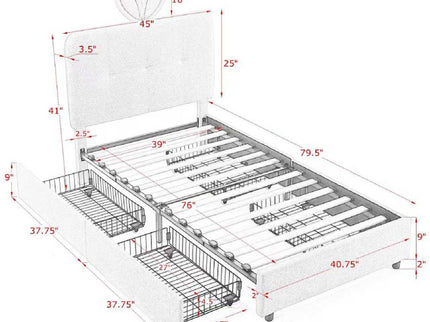 Upholstered Bed With Oversized Rabbit Ear Headboard, LED Lights & 4 Storage Drawers