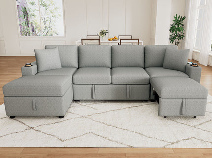 Sectional Sofa Convertible Pull-Out Bed With Storage Ottoman & USB Ports