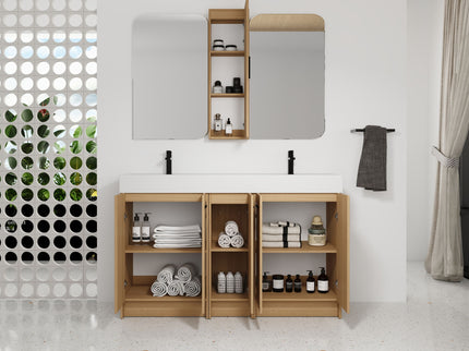 Double Sink Bathroom Vanity Set With Tall Linen Cabinet, Extra Large Storage, Integrated Sink, Freestanding Cabinet - Light Oak / White