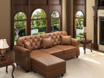 Upholstered Sofa With Nailhead Trim, Rolled Armrests With Ottoman