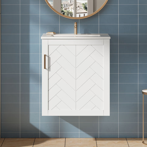 Modern Wall Mounted Bathroom Cabinet With Side Shelf And Ceramic Sink