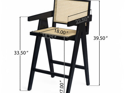 Modern Minimalist Bar Stool With Cane Seat - Black / Natural
