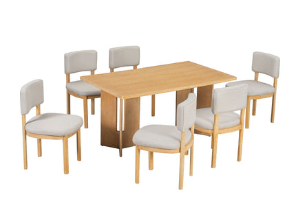 Dining Table Set With 6 Upholstered Chairs, Rectangular Table With Cutout Legs