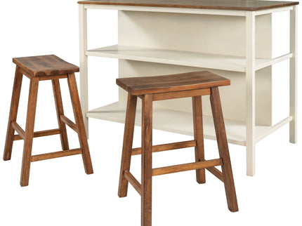 Rustic 3 Piece Stationary Kitchen Island Set With 2 Seatings, With 2 Open Shelves