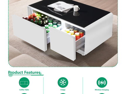 Modern Smart Coffee Table With Built-In Fridge - tooth Speaker, Wireless Charging, Touch Control Panel, USB Interface, Outlet Protection, Atmosphere Light